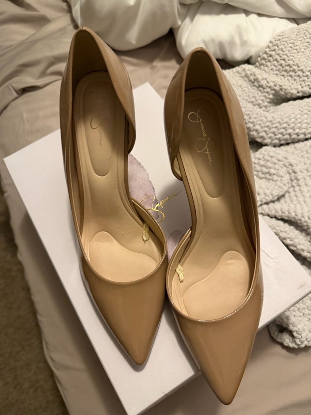 Jessica Simpson Beige Patent Pointed Toe Pumps